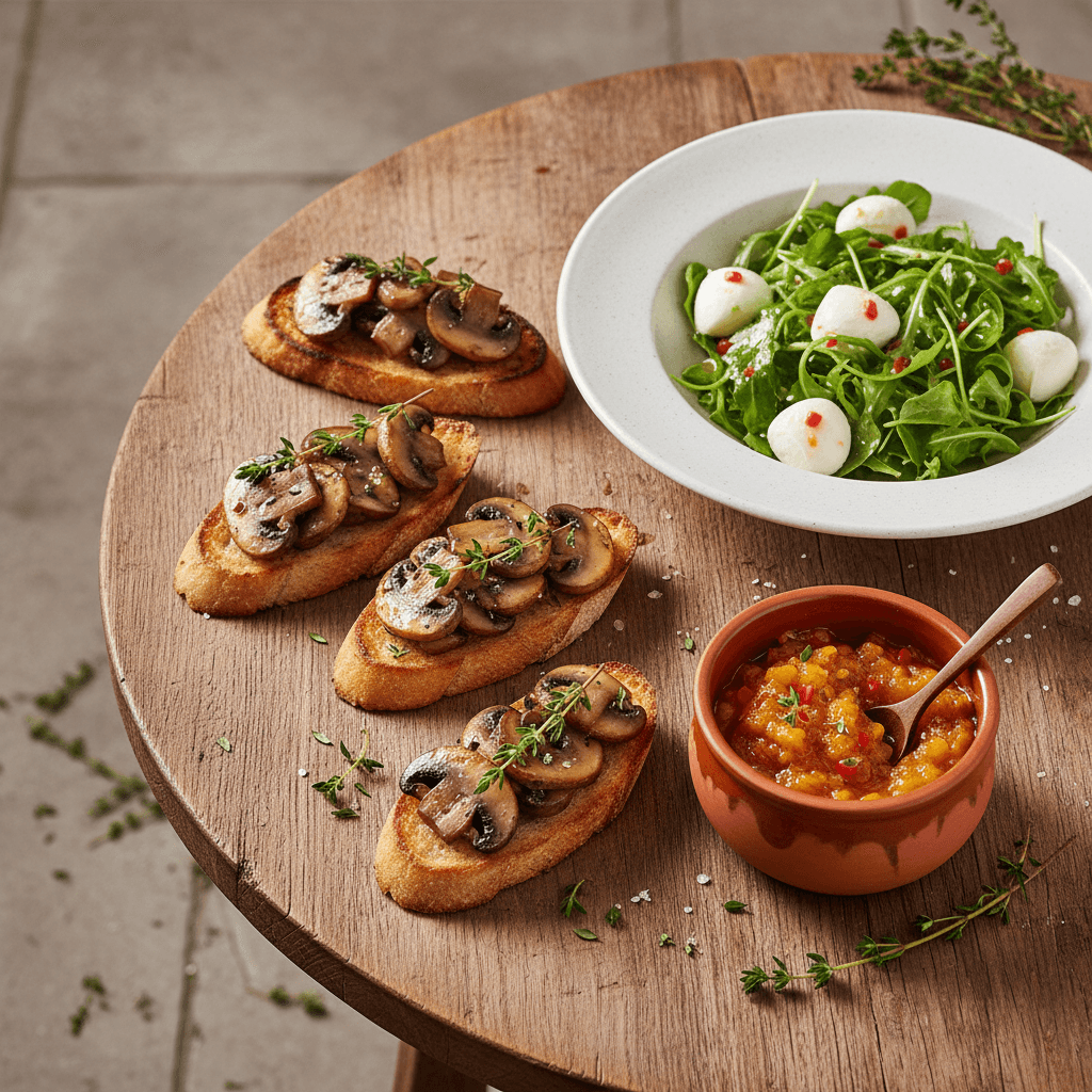 Britische Champignon-Crostini mit Rucola-Mozzarella-Salat und Thymian-Karotten-Chutney - Thermomix Rezept