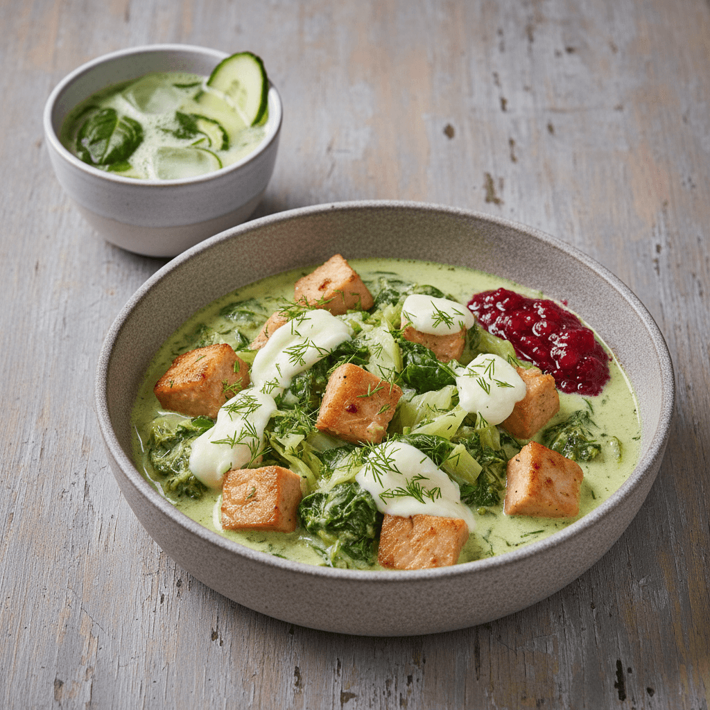 Nordischer Kassler-Weißkohl-Gryte mit Dill-Reis und frischem Gurken-Spinat-Kvass - Thermomix Rezept