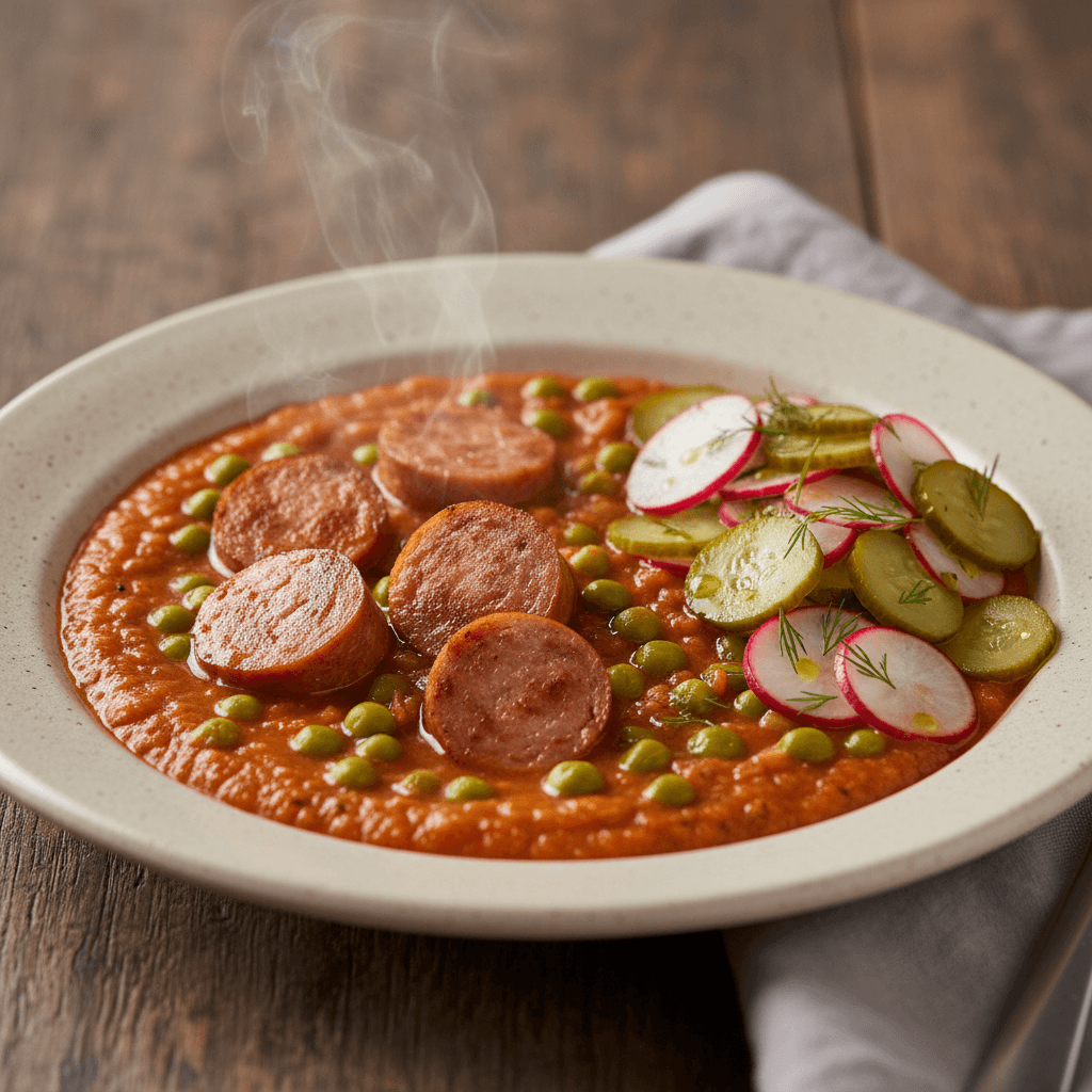Salchicha a la Española – Bratwurst-Eintopf mit Erbsen-Sofrito und eingelegtem Gurken-Radieschen-Salat - Thermomix Rezept