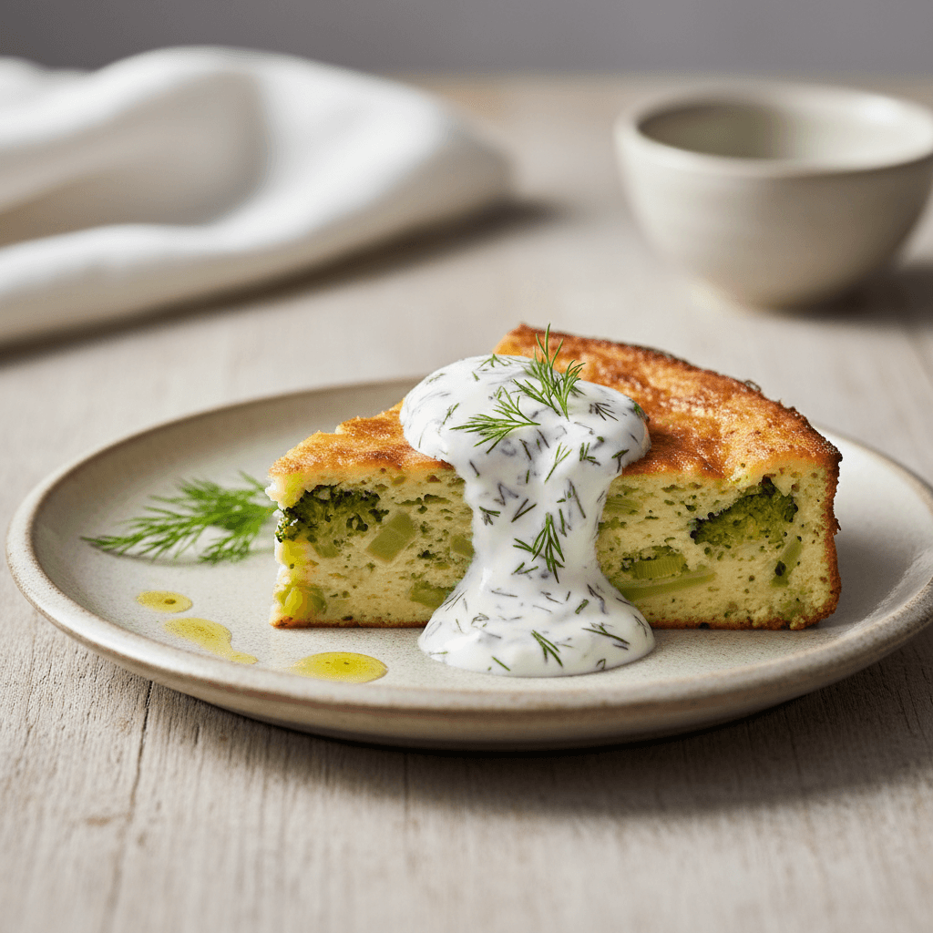Gâteau de Brocoli à la Normande – Herzhafter Brokkoli-Lauch-Flan mit Sauerrahm-Dill-Sauce und Kartoffelstärke-Kruste - Thermomix Rezept