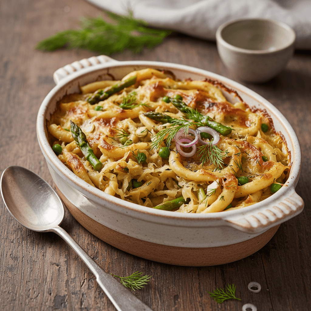Nordisches Sauerkraut-Spätzle-Gratin mit Frühlingsgemüse und Dillbutter - Thermomix Rezept