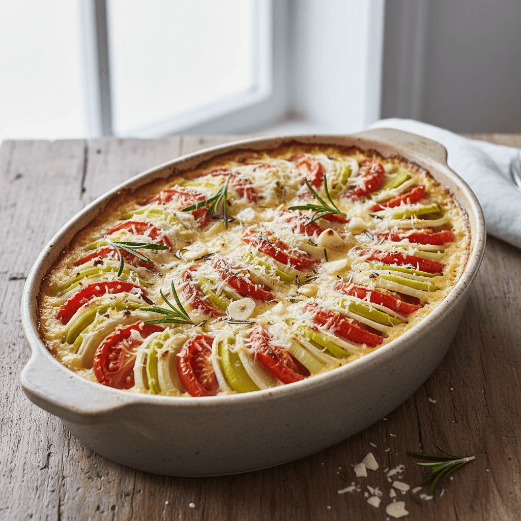 Provenzalischer Lauch-Tian mit Tomaten, Parmesan und Rosmarin-Knoblauch-Öl - Thermomix Rezept
