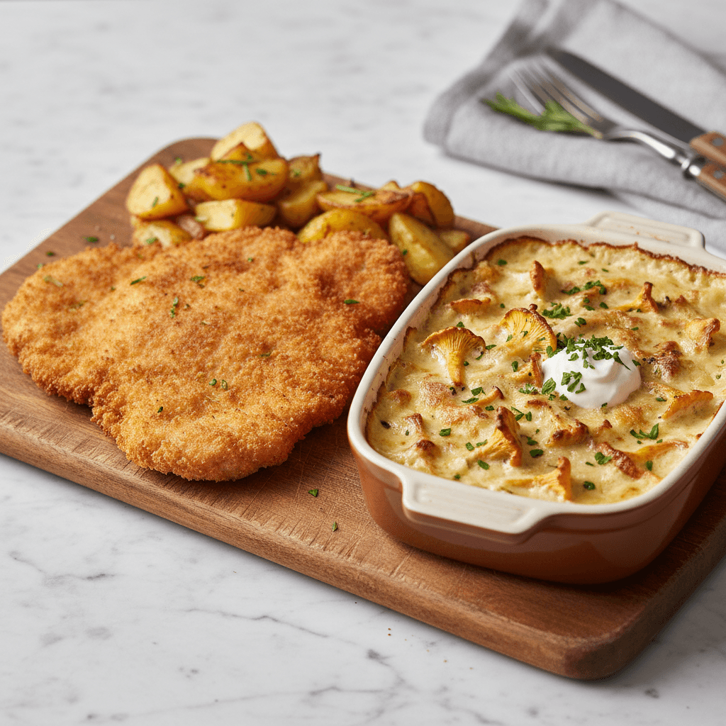 Bayerische Schweineschnitzel mit Pfifferling-Blumenkohl-Gratin - Thermomix Rezept