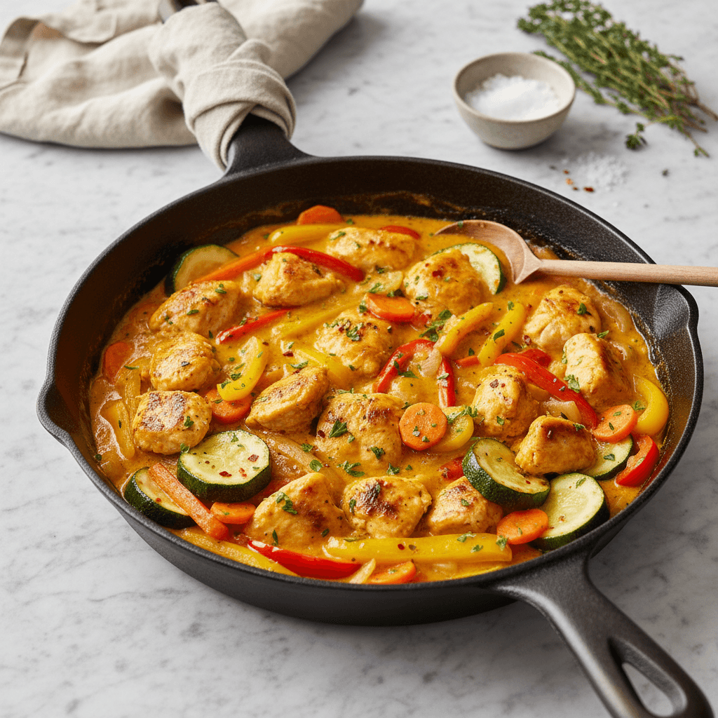 Hähnchenbrust-Gemüse-Pfanne mit goldener Paprika-Zwiebel-Sauce - Thermomix Rezept
