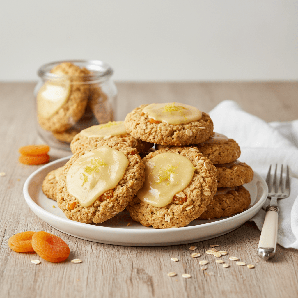 Broas de Aveia com Damascos – Portugiesische Haferflocken-Aprikosen-Kekse mit Zitronen-Ei-Glasur - Thermomix Rezept