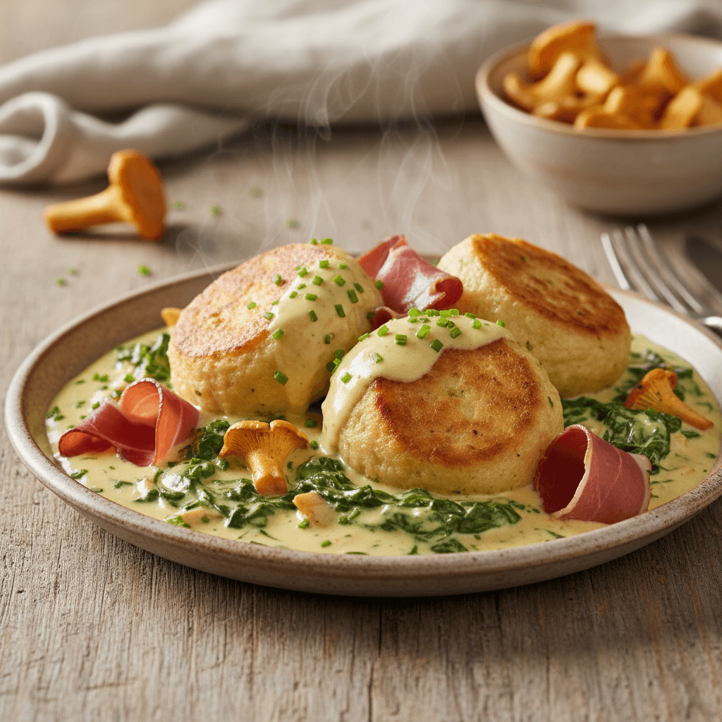 Schwäbische Semmelknödel mit Pfifferling-Spinat-Rahm und Schwarzwälder Schinken - Thermomix Rezept