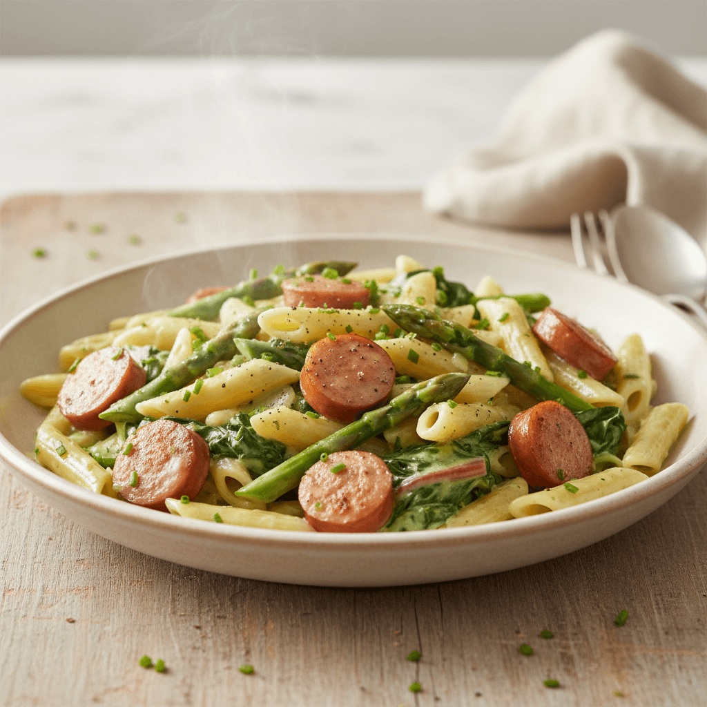 Würstchen-Nudeln mit Mangold-Spargel - Thermomix Rezept