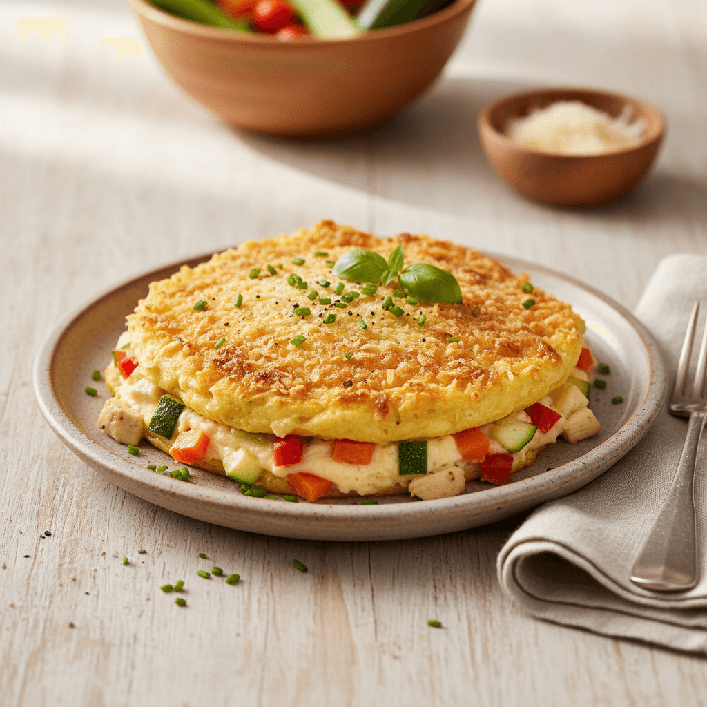 Hähnchen-Gemüse-Pfannkuchen mit knuspriger Parmesan-Kruste - Thermomix Rezept