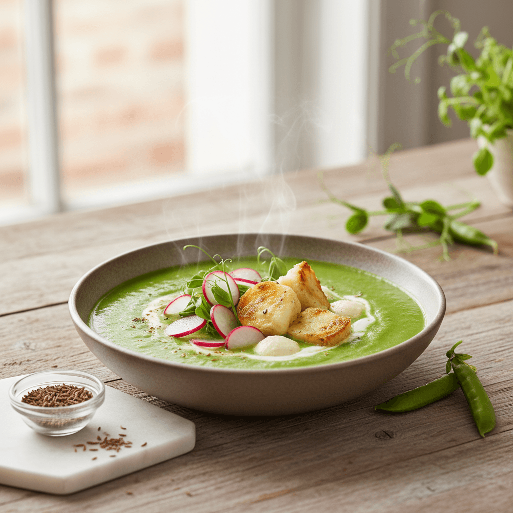 Velouté de Petits Pois à la Française – Cremige Erbsensuppe mit Radieschensalat und Mozzarella-Croutons - Thermomix Rezept