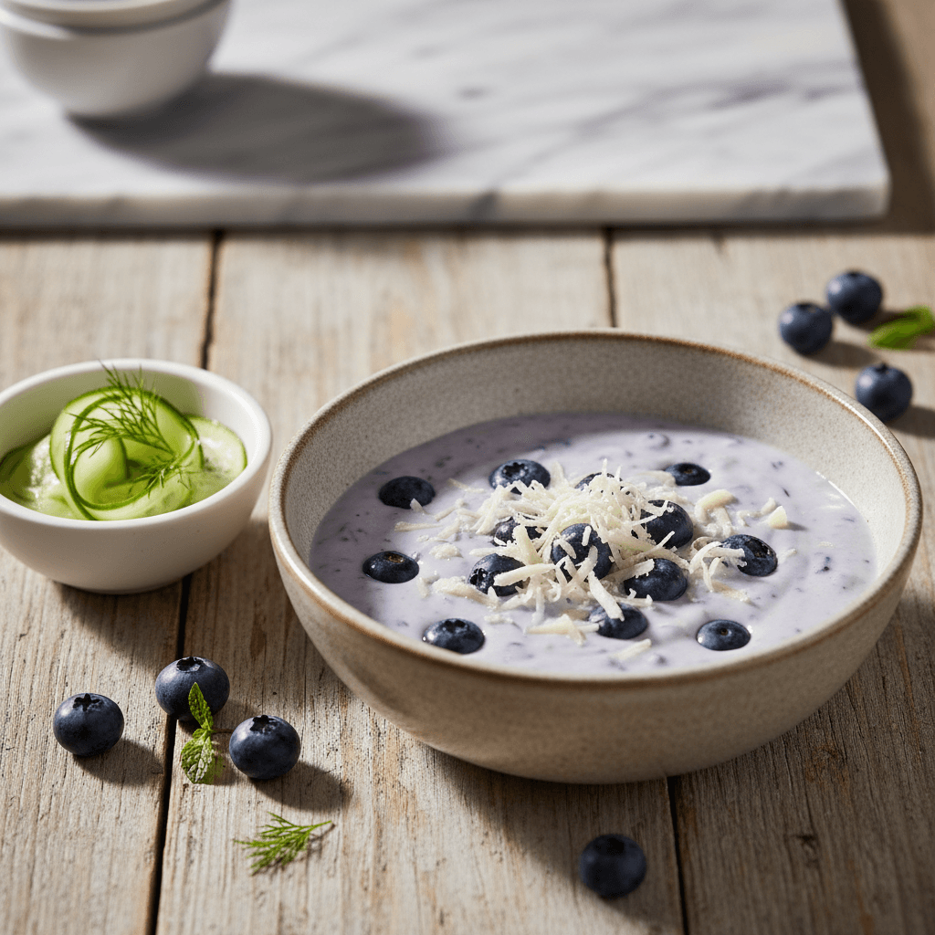Queijinhos de Bergkäse com Mirtilhos – Portugiesische Käse-Törtchen mit Blaubeer-Joghurt-Creme und Gurken-Sauerrahm-Dip - Thermomix Rezept