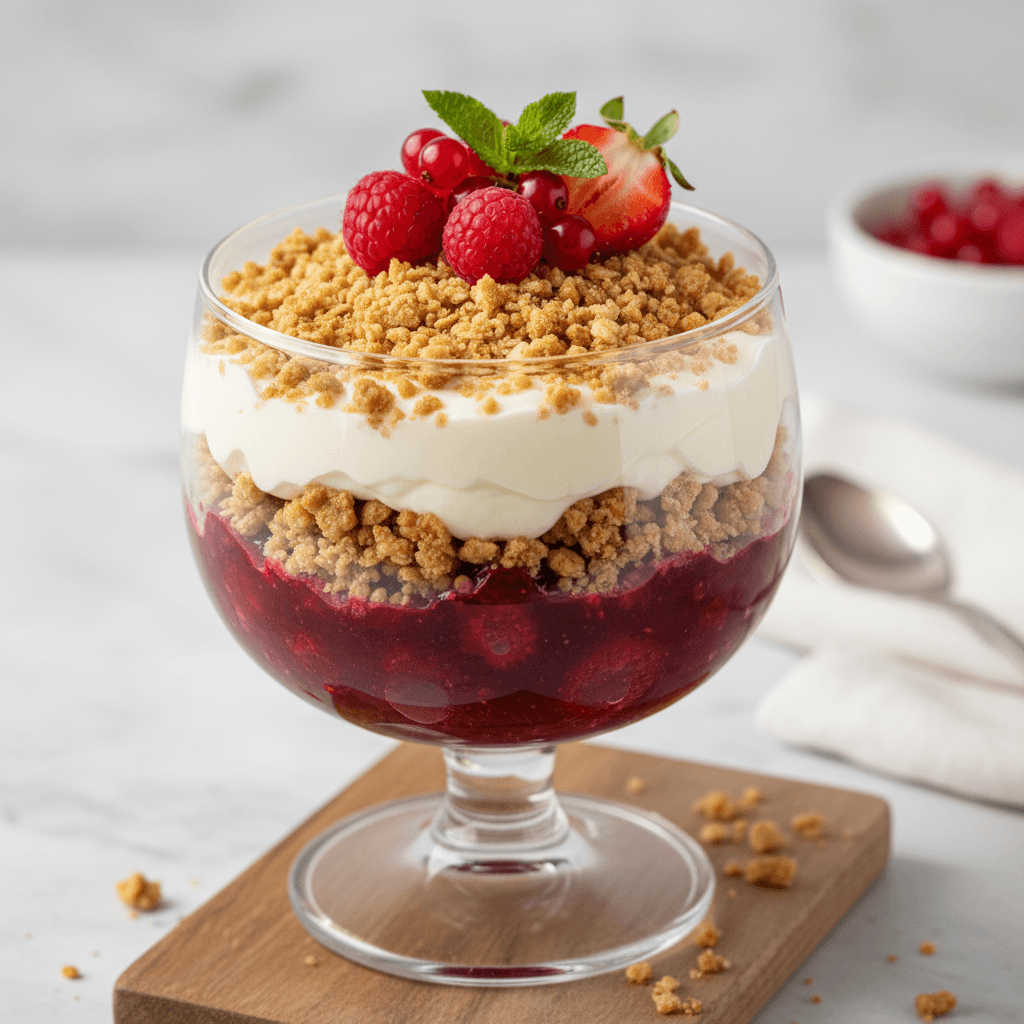 Dänische Rødgrød-Trifle mit Vanillecreme und knusprigen Haferbröseln - Thermomix Rezept