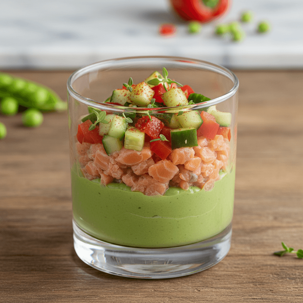 Rheinischer Lachs-Tatar auf Erbsencreme mit Gurken-Paprika-Salat - Thermomix Rezept