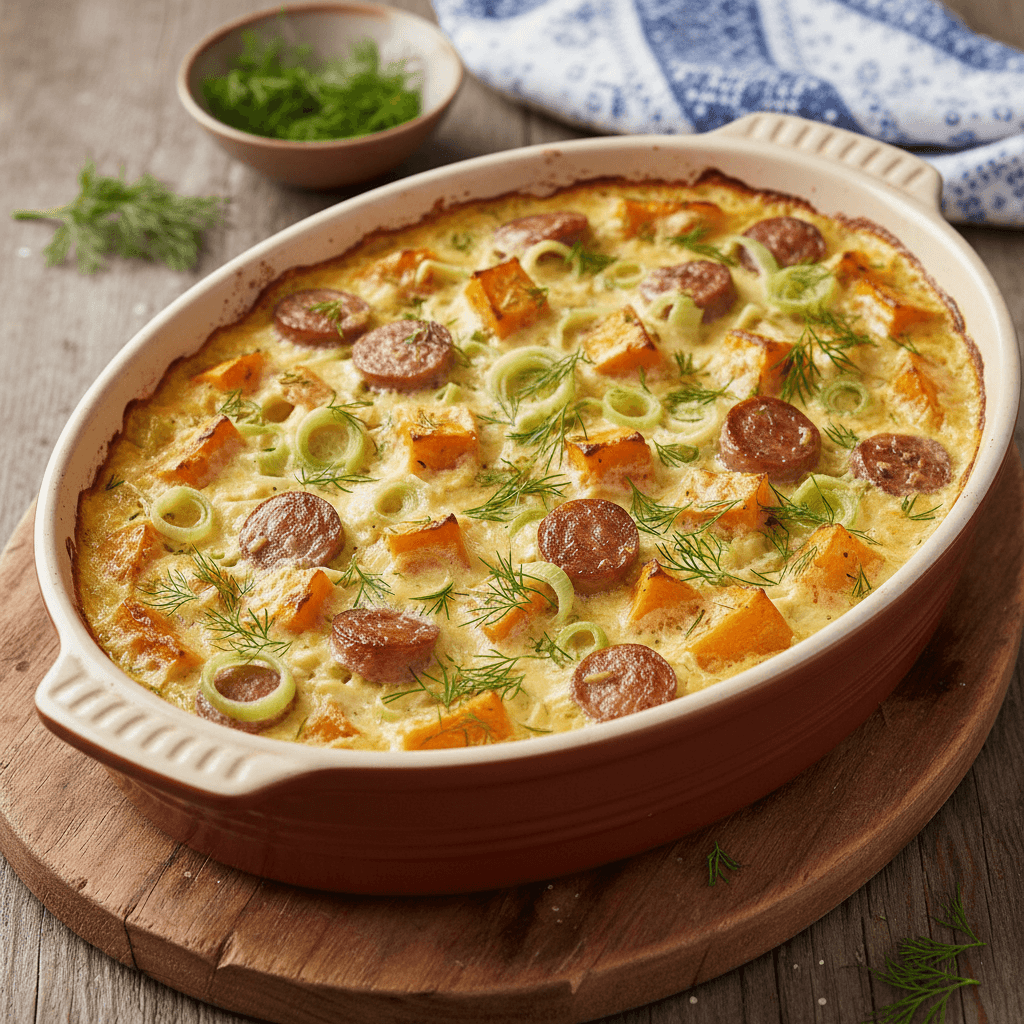 Skandinavischer Kürbis-Lauch-Gratin mit Wiener Würstchen und Frischkäse-Dill-Sauce - Thermomix Rezept