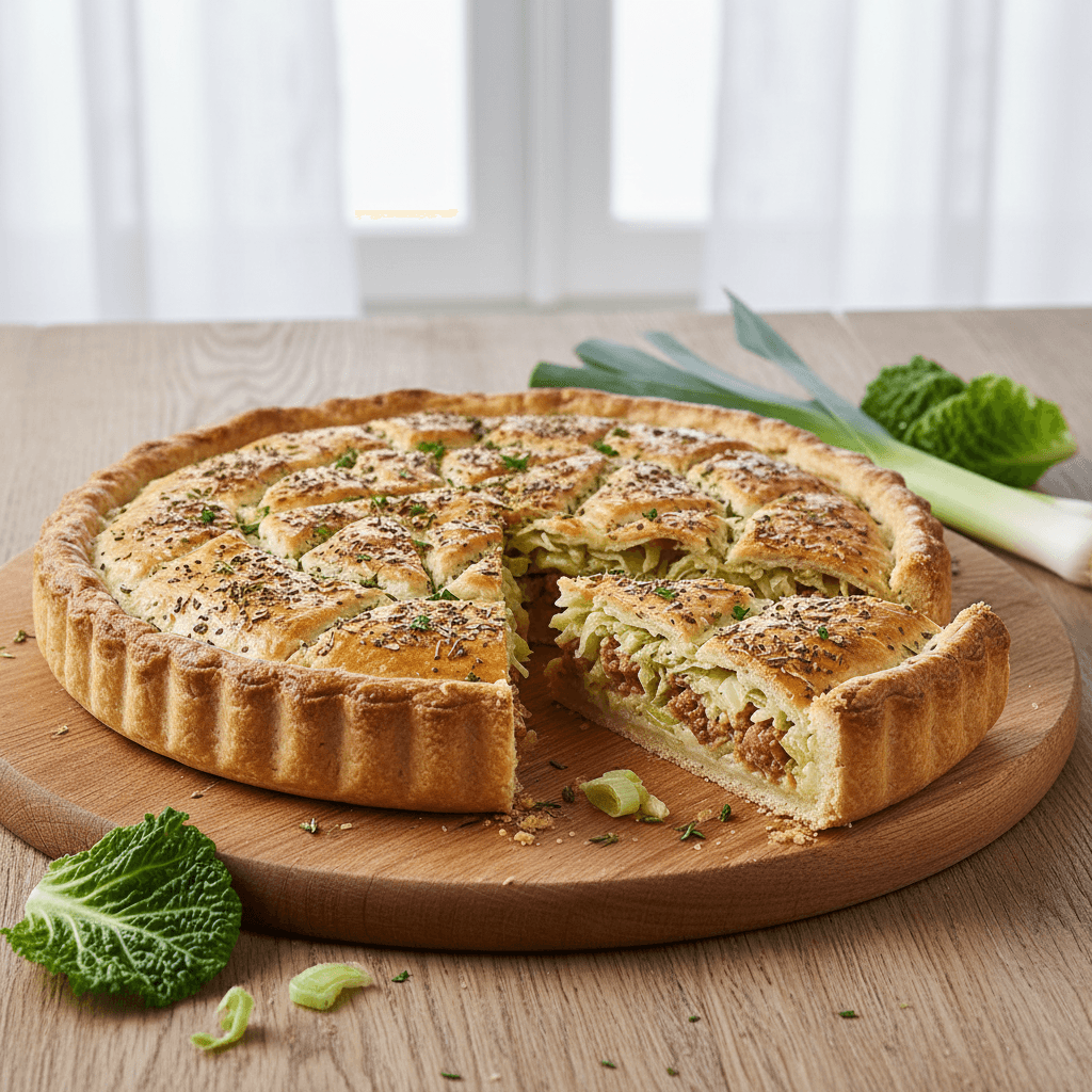 Torta Rustica di Verza e Salsiccia – Mediterraner Wirsing-Bratwurst-Kuchen mit Lauch-Béchamel und Kräuterkruste - Thermomix Rezept