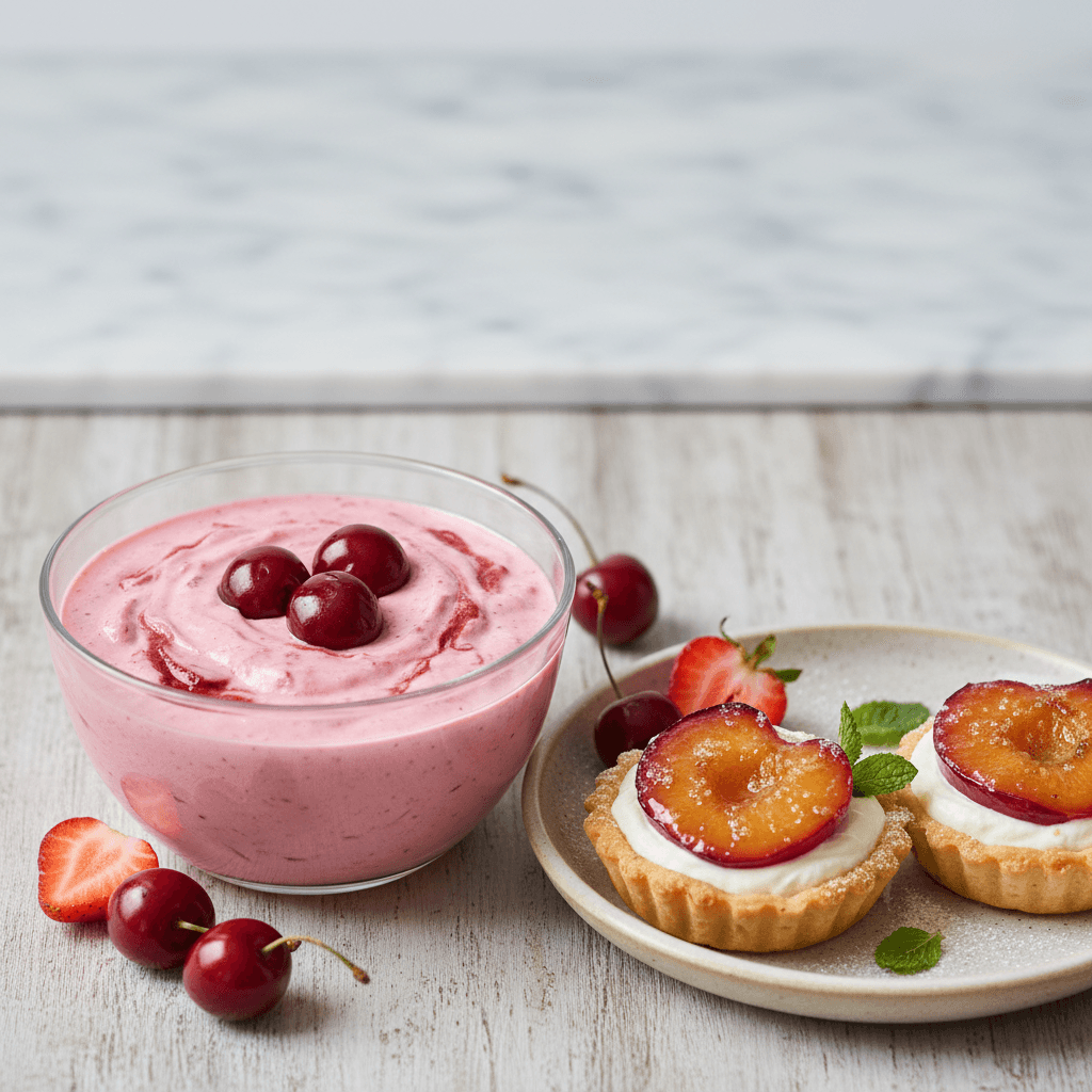 Sizilianische Erdbeer-Kirsch-Quark-Creme mit karamellisierten Pflaumen-Schmand-Törtchen - Thermomix Rezept