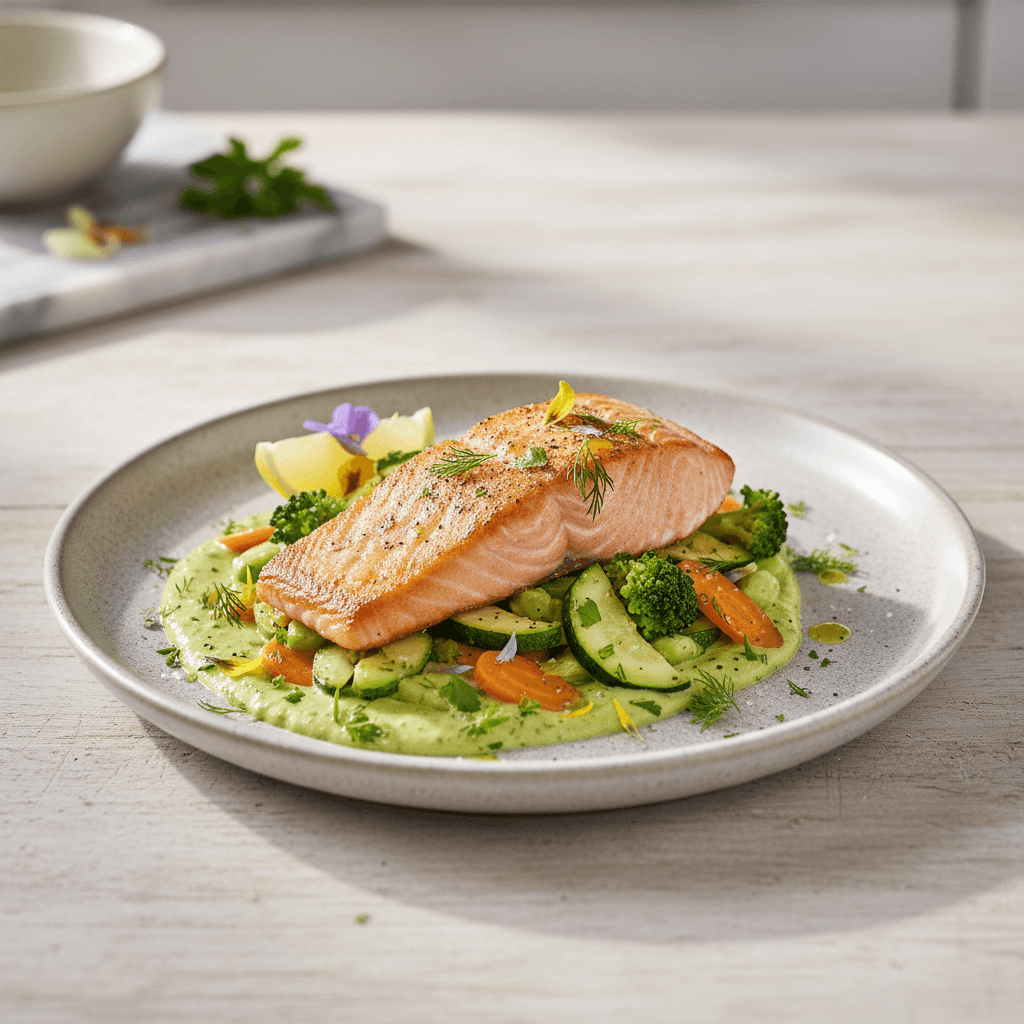 Lachs mit Senf-Kräuter-Gemüse - Thermomix Rezept