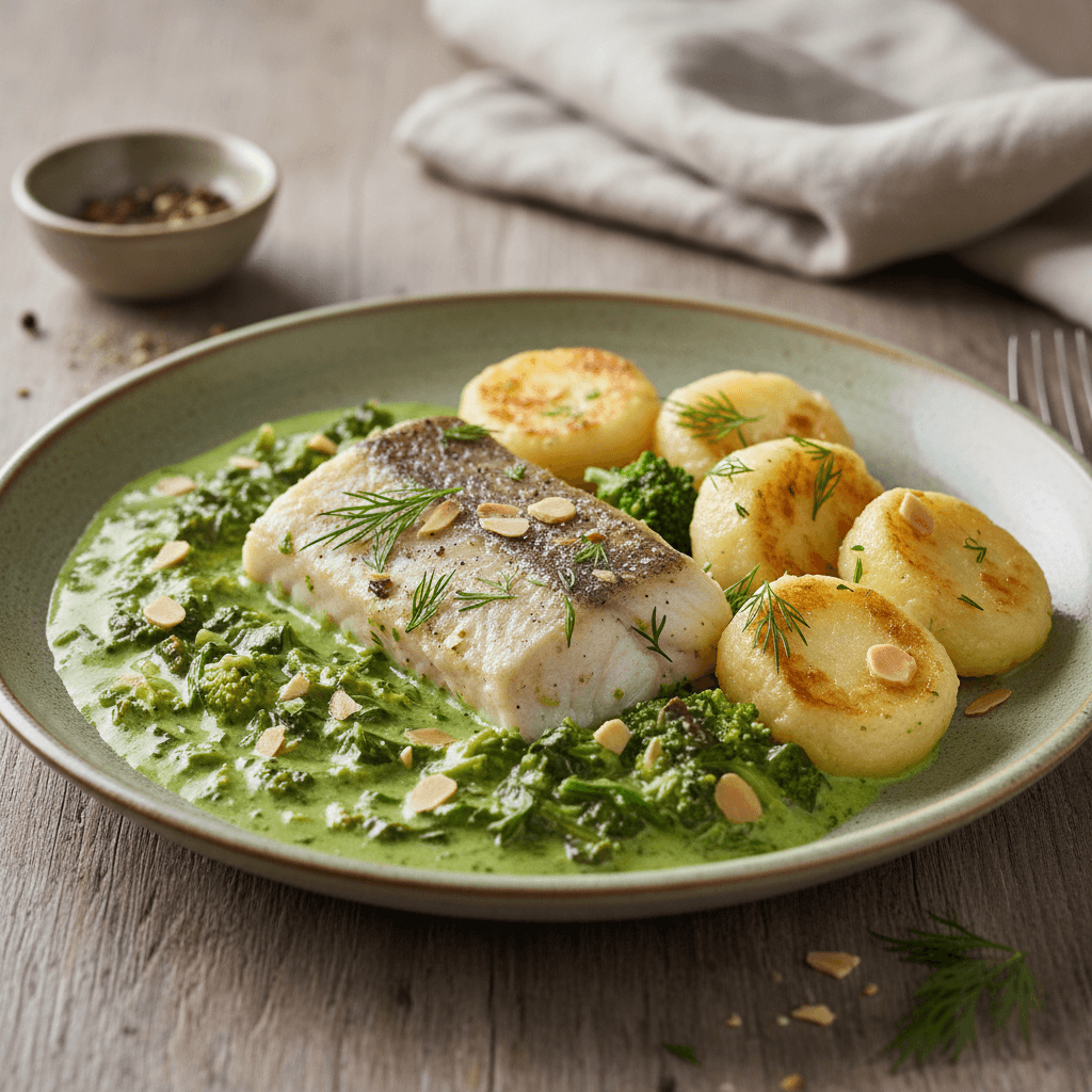Bayerischer Karpfen in Mangold-Brokkoli-Rahmsauce mit Kartoffelstärke-Nockerln - Thermomix Rezept