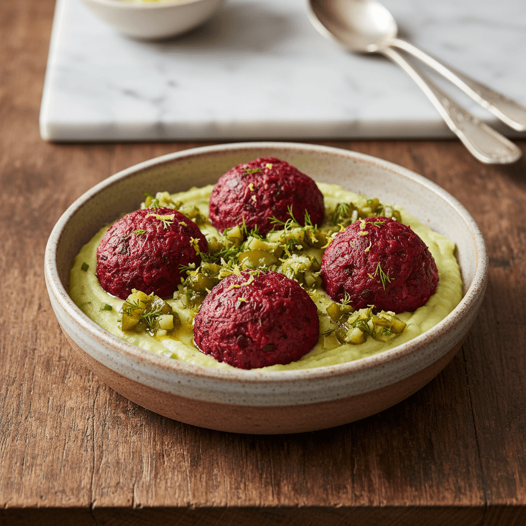 Polpette Rosse al Forno – Hackfleisch-Rote-Bete-Bällchen auf Kartoffel-Schnittlauch-Stampf mit Gewürzgurken-Gremolata - Thermomix Rezept