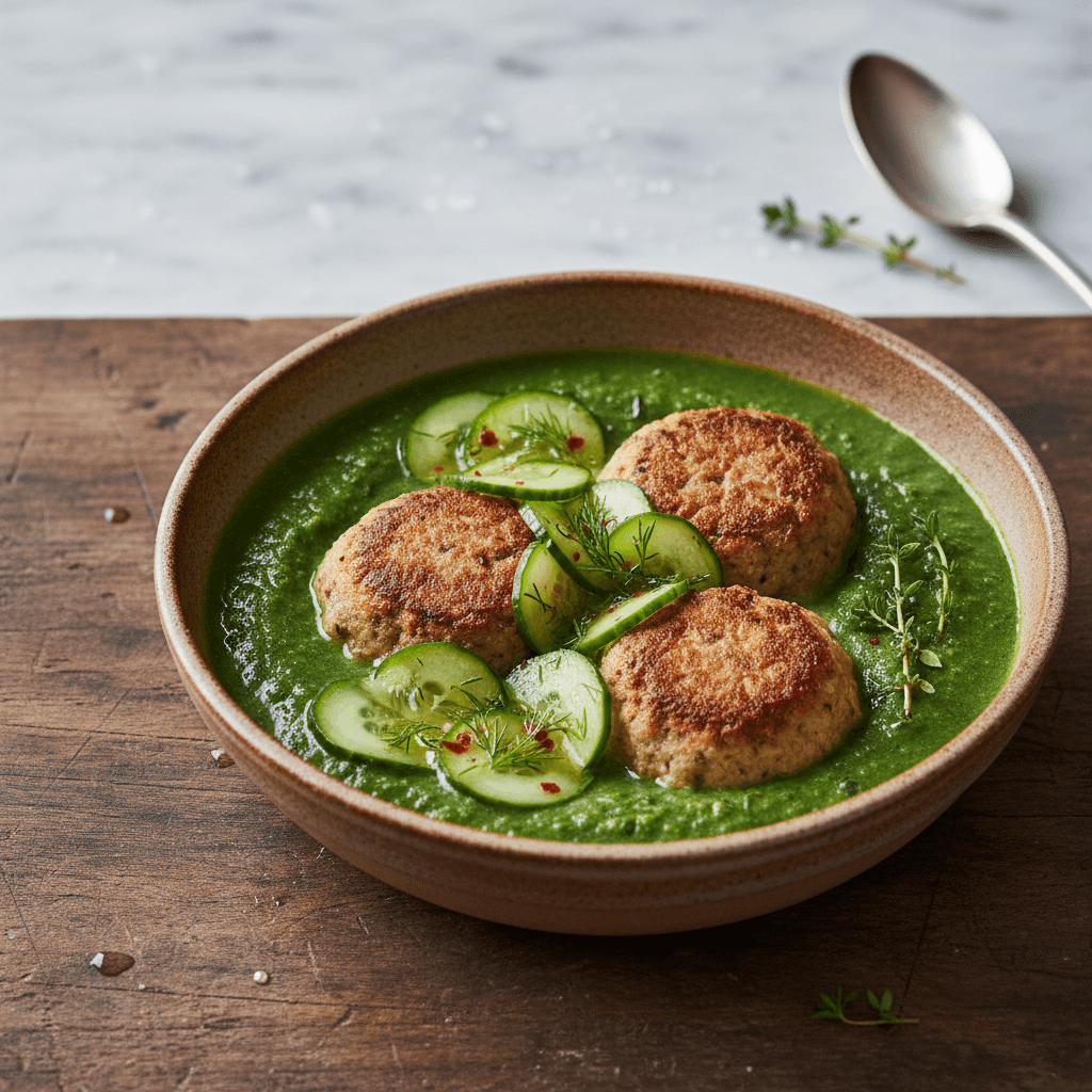 Caldo de Col Rizada con Pastel de Carne – Wirsing-Eintopf mit Leberkäse-Dinkel-Knödeln und Gurken-Escabeche - Thermomix Rezept