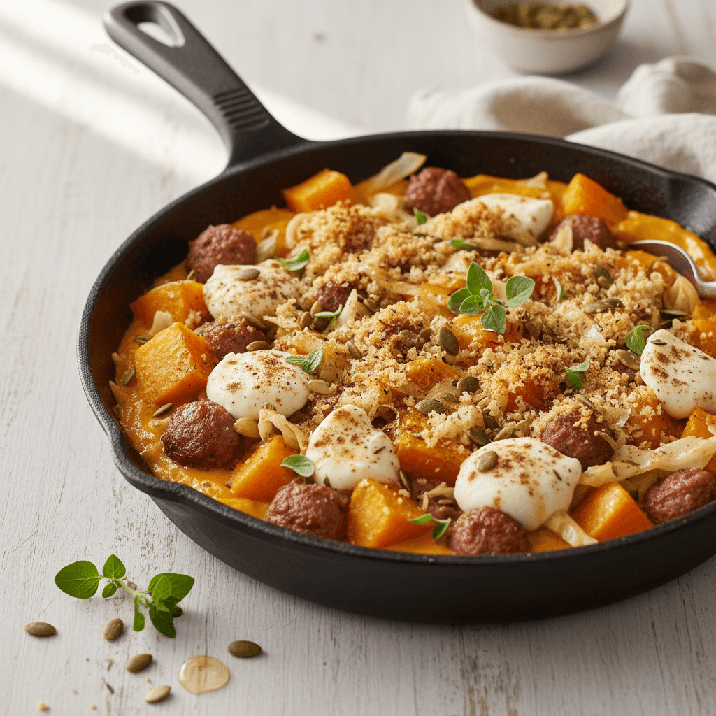 Griechische Kürbis-Bratwurst-Pfanne - Thermomix Rezept