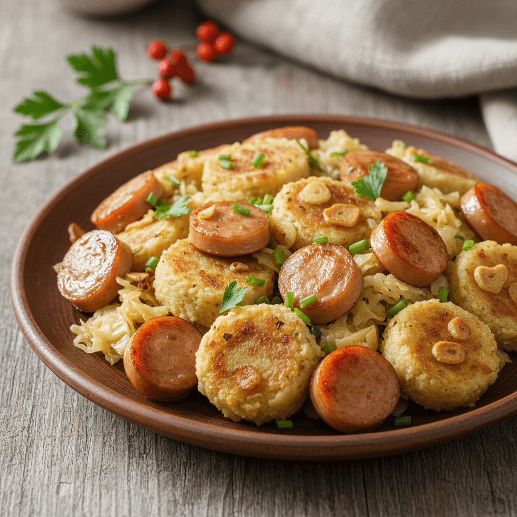 Wiener Krautknödel-Pfanne mit gerösteten Würstchen - Thermomix Rezept