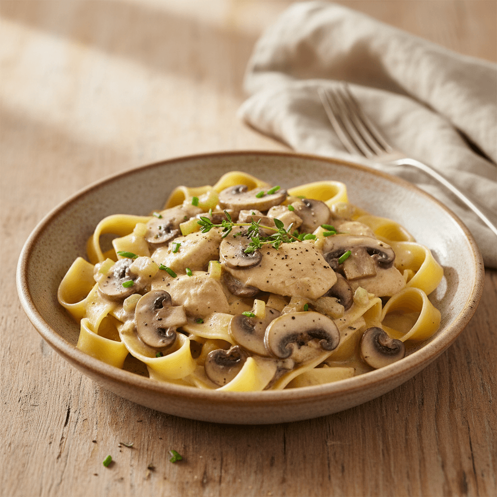 Poulet Chasseur à la Crème – Französisches Jägerhühnchen mit Champignon-Sellerie-Sauce und Bandnudeln - Thermomix Rezept